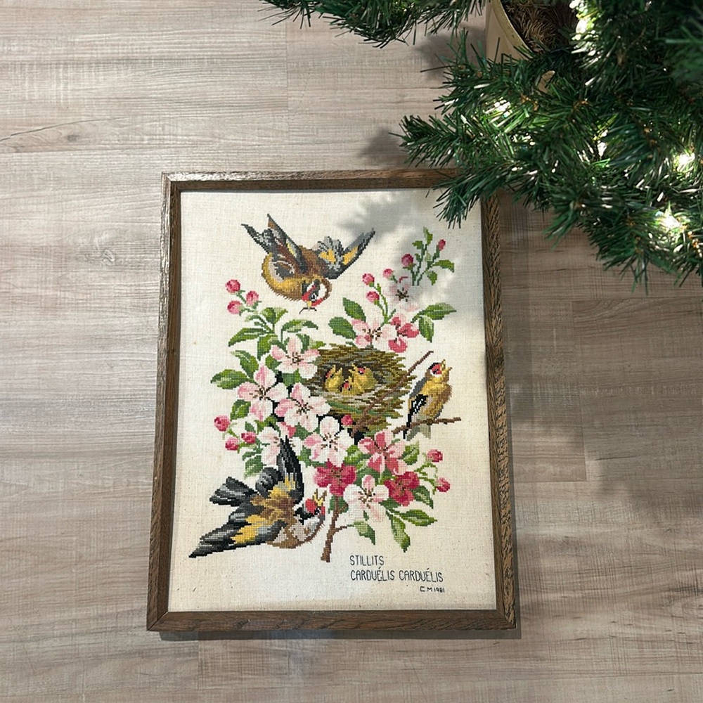 Framed Bird Cross-Stitch Wall Art in Brown and Pink, wood frame, from France